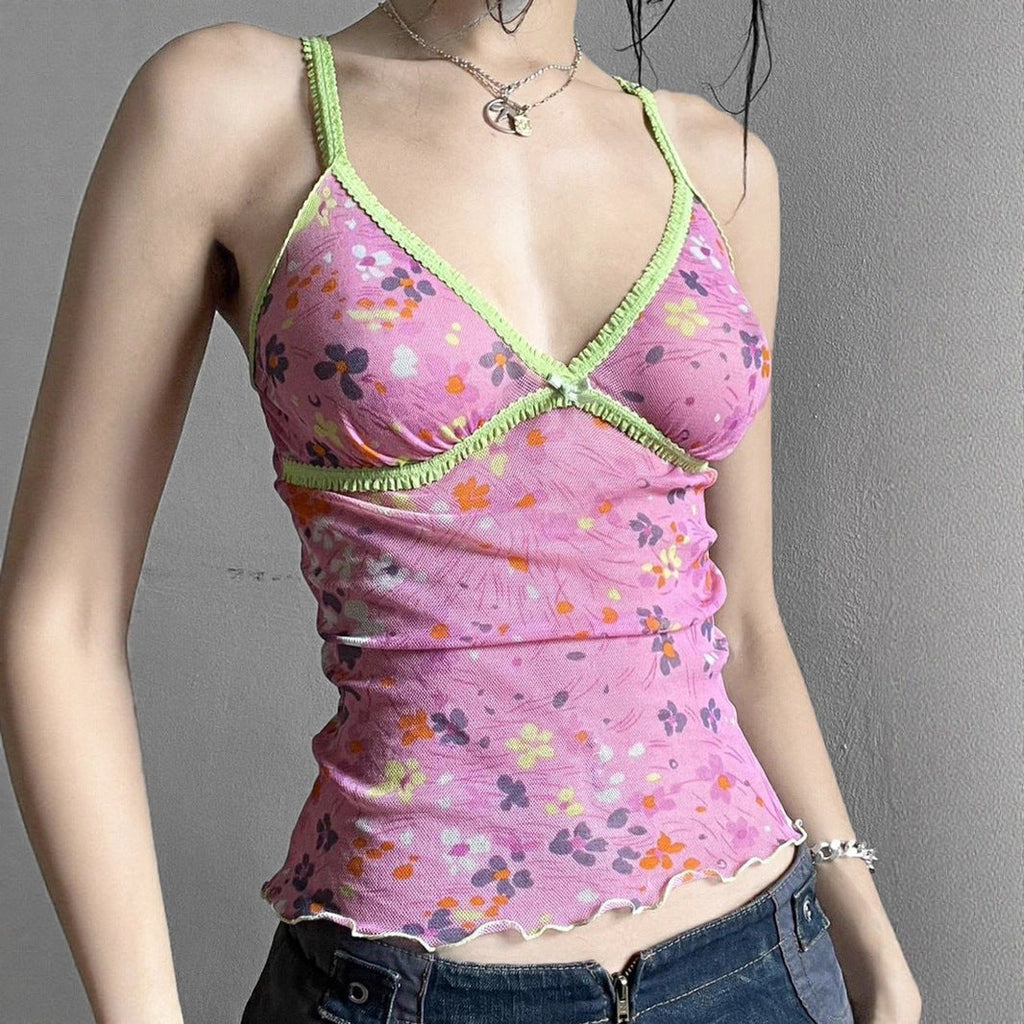 Women's Floral Spaghetti Strap Top with Ruffle Details