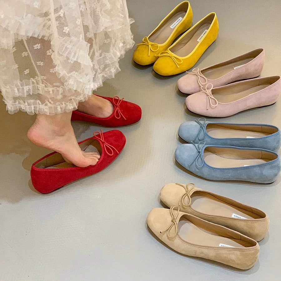 Women's Suede Ballet Flats with Playful Bow Detail