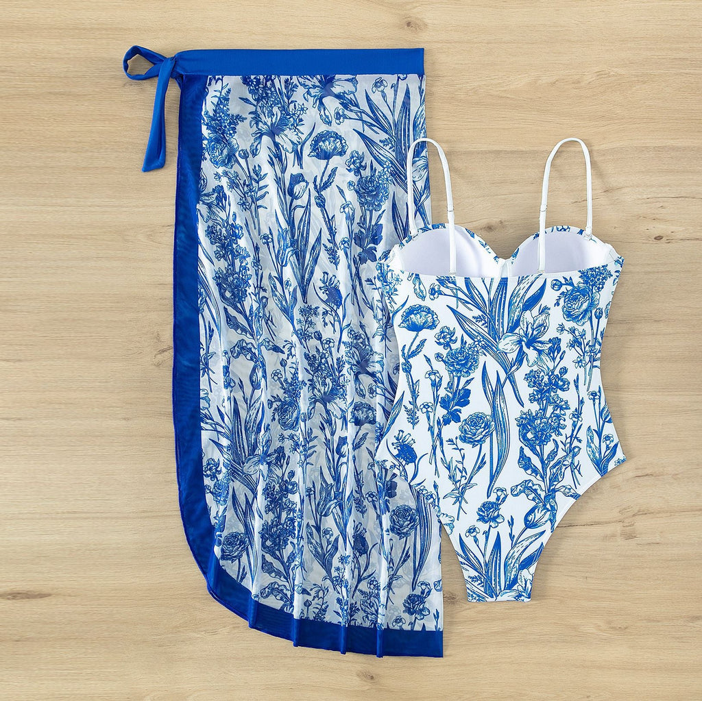 Women's Swimwear with Floral Print and Sheer Sarong Cover-Up