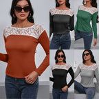 Women's Elegant Long-Sleeve Shirt with Floral Lace Details