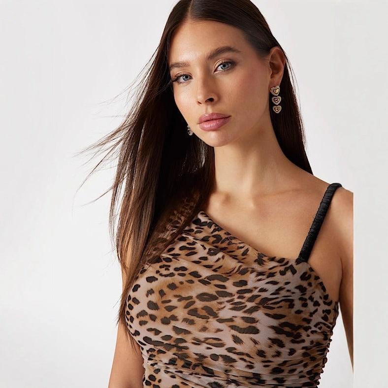 Women's Asymmetrical Leopard Print Ruffled Top