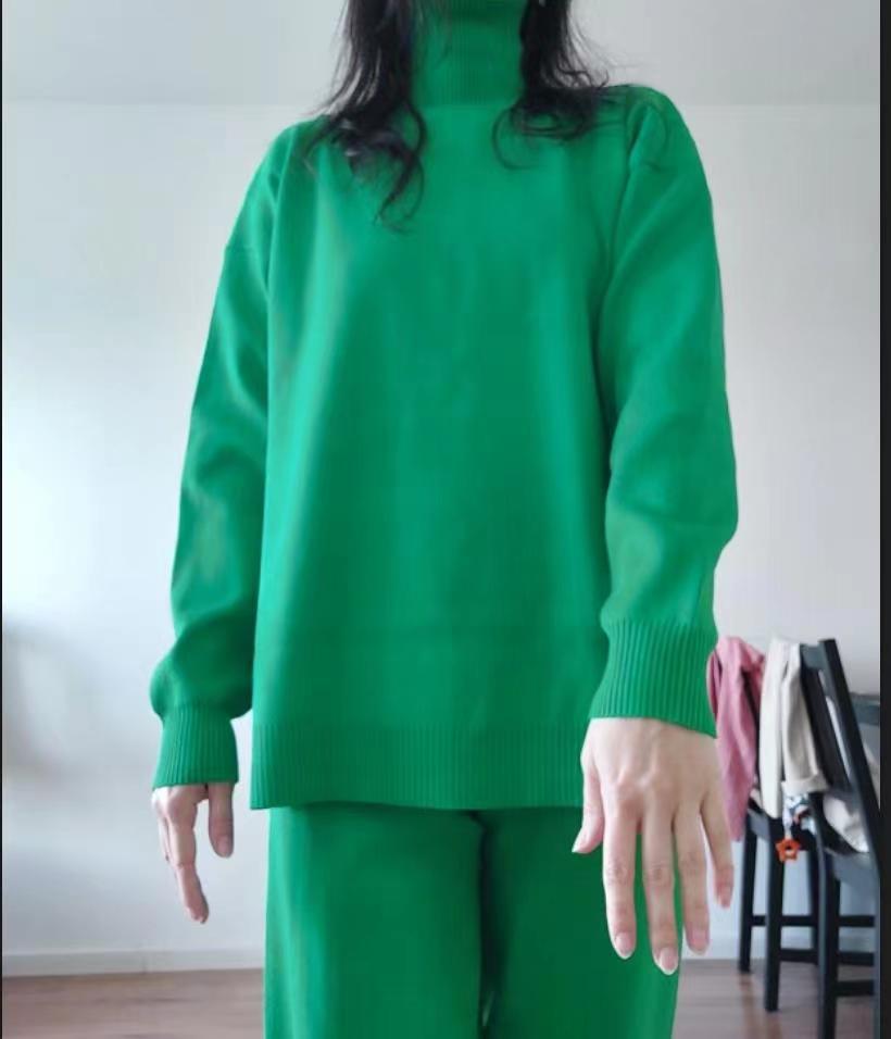 Casual Knit Set with High Collar and Wide Leg