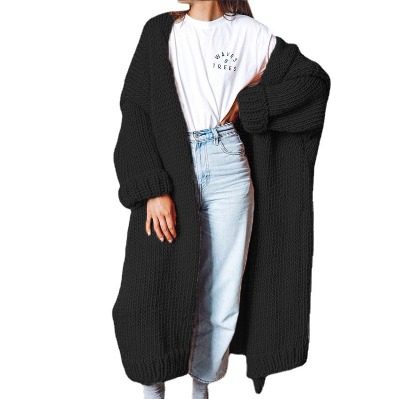 Women's Chunky Knit Coat with Voluminous Sleeves and Relaxed Fit