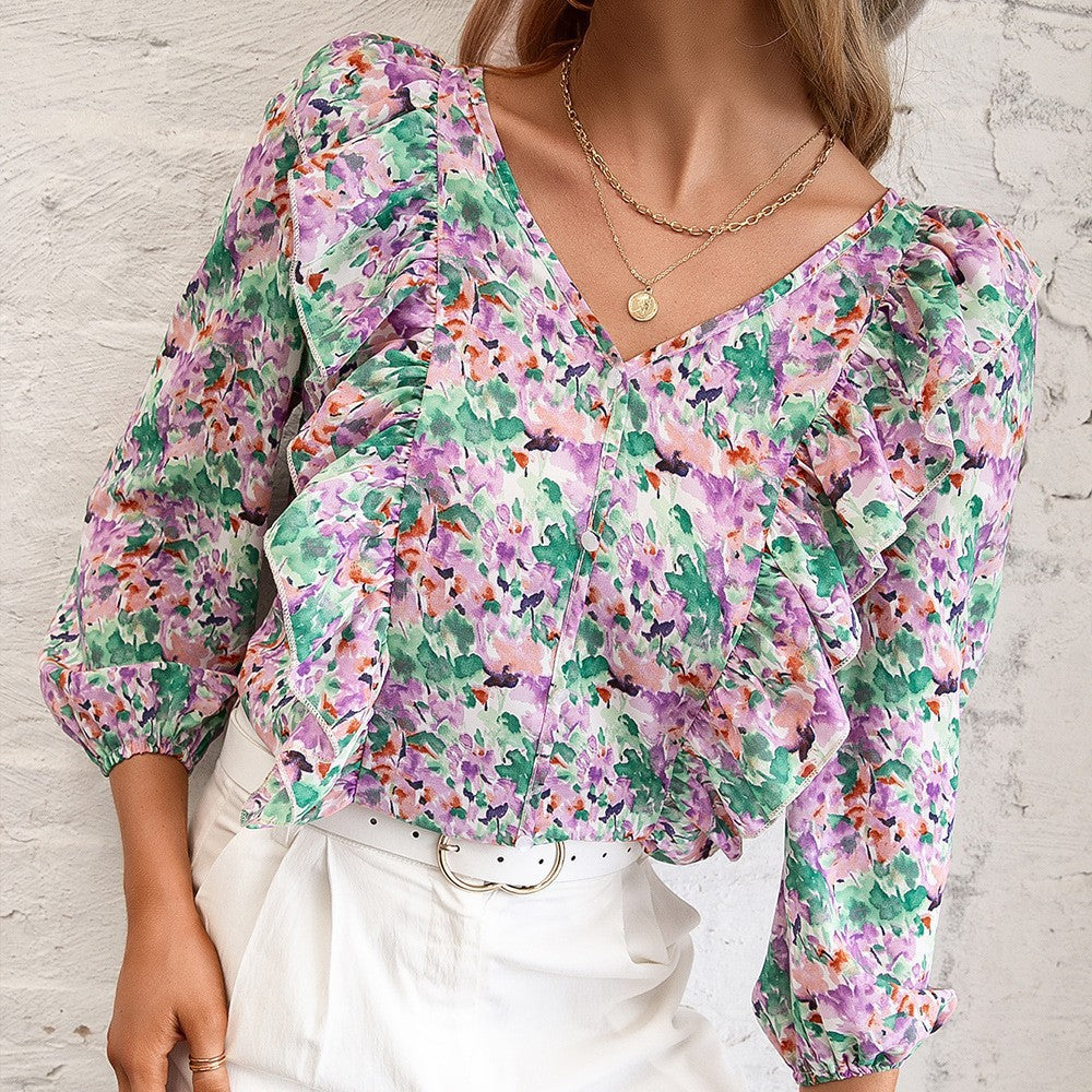 Women's Blouse with Ruffles and Floral Pattern