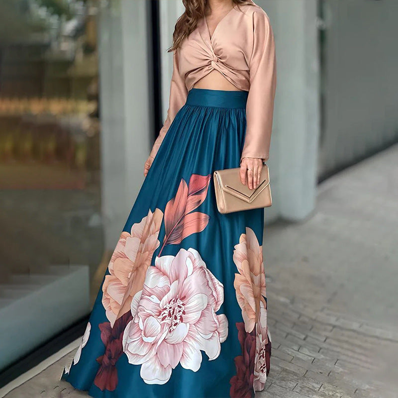 Women's Maxi Skirt with Floral Design and Elastic Waistband