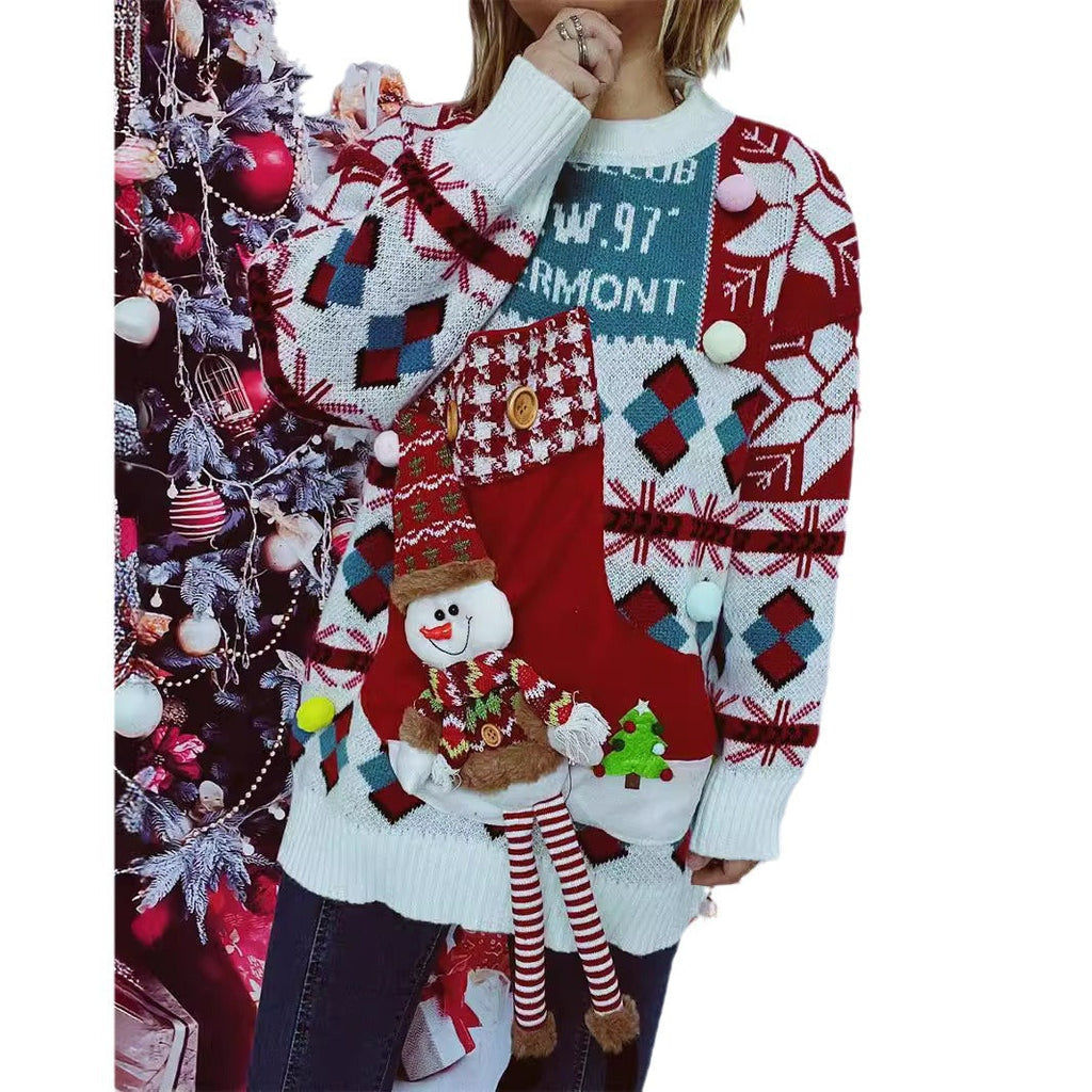 Women's Festive Sweater with Winter Snowman Motif and Decorative Details