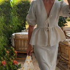 Women's Deep V-Neck Blouse with Ruffle Details