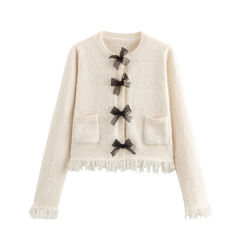 Women's Bouclé Jacket with Elegant Bows and Fringes