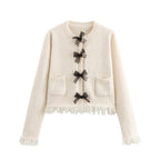 Women's Bouclé Jacket with Elegant Bows and Fringes