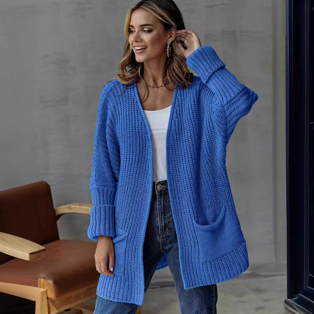 Women's Knit Cardigan with Large Pockets and Textured Design