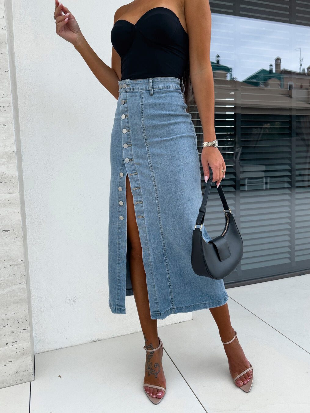 Women's Midi Skirt with Side Slit and Button Detail