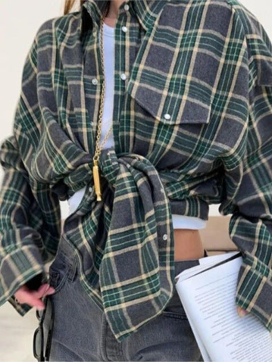 Women's Cozy Plaid Shirt with High Collar and Button Closure