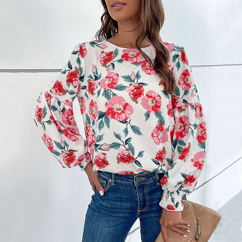 Women's Blouse with Floral Design and Voluminous Sleeves