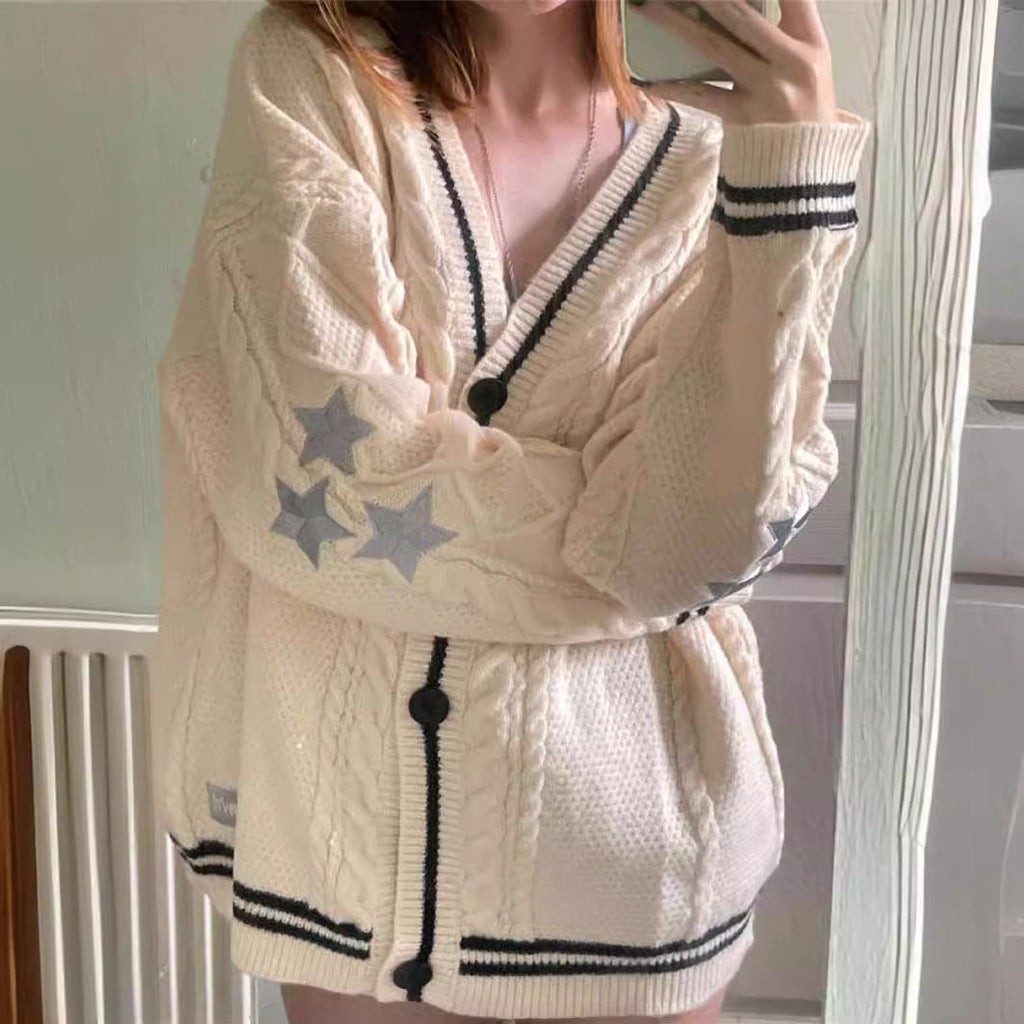 Women's Chunky Knit Cardigan with Decorative Stars and Contrast Trim