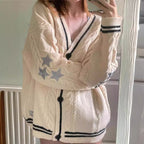 Women's Chunky Knit Cardigan with Decorative Stars and Contrast Trim