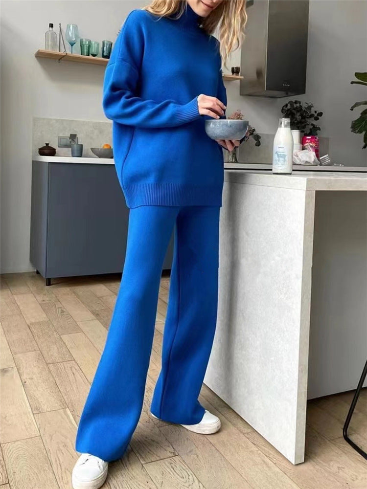 Casual Knit Set with High Collar and Wide Leg