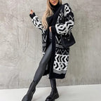 Women's Chunky Knit Cardigan with Graphic Pattern and Open Front