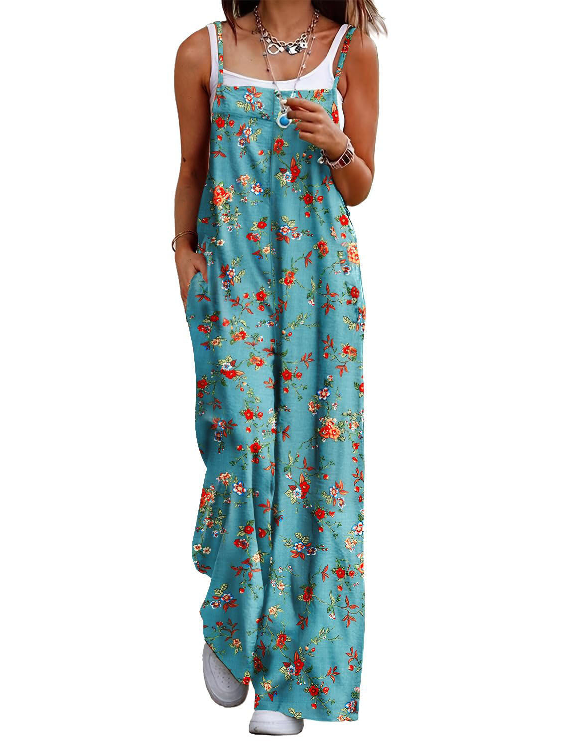 Casual Women's Jumpsuit with Floral Patterns and Pockets
