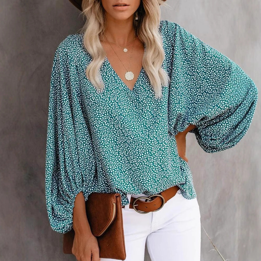 Women's Blouse with Wide Sleeves and Floral Pattern