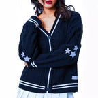 Women's Chunky Knit Cardigan with Decorative Stars and Contrast Trim