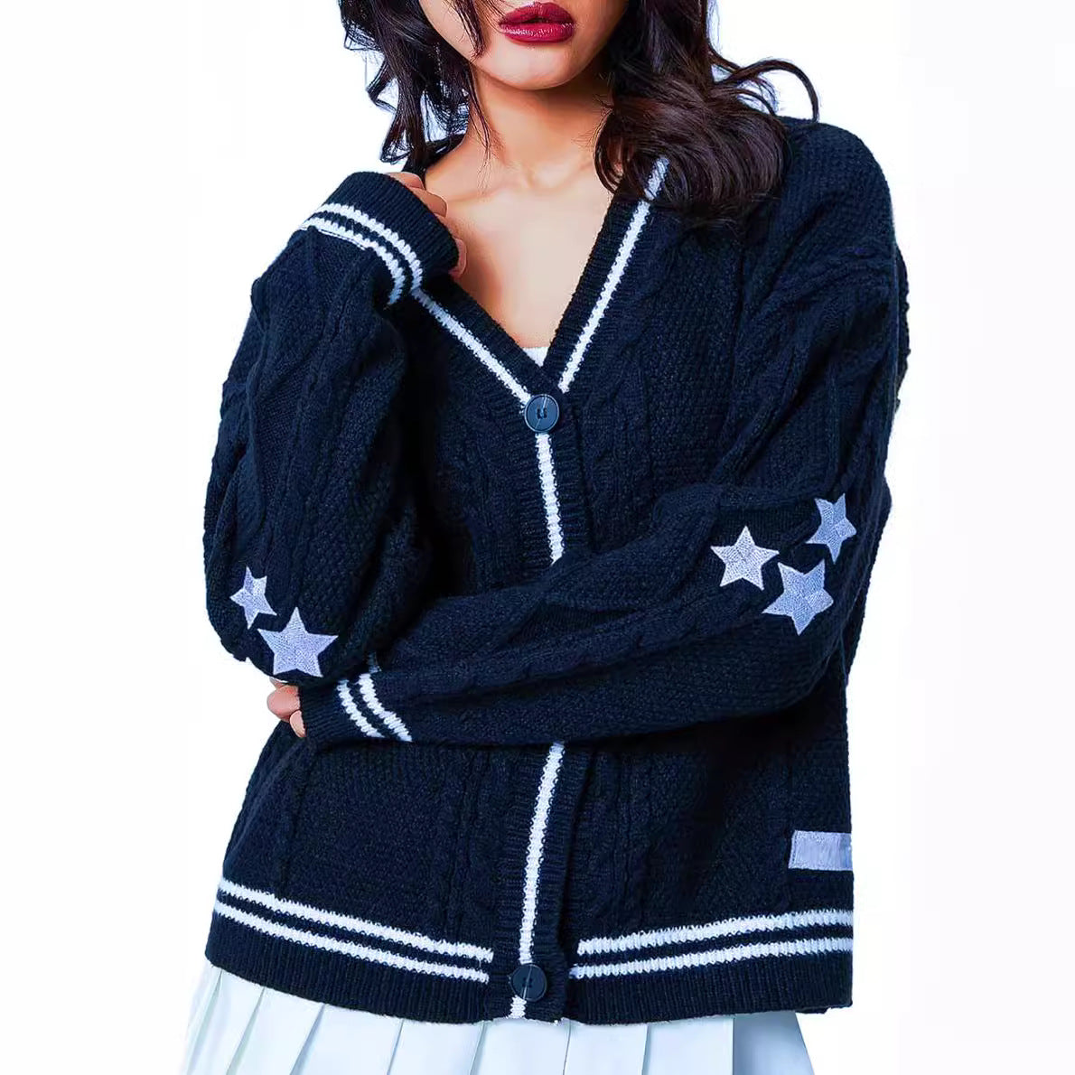 Women's Chunky Knit Cardigan with Decorative Stars and Contrast Trim