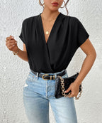 Women's Blouse Shirt with Elegant Wrap Look and Short Sleeves