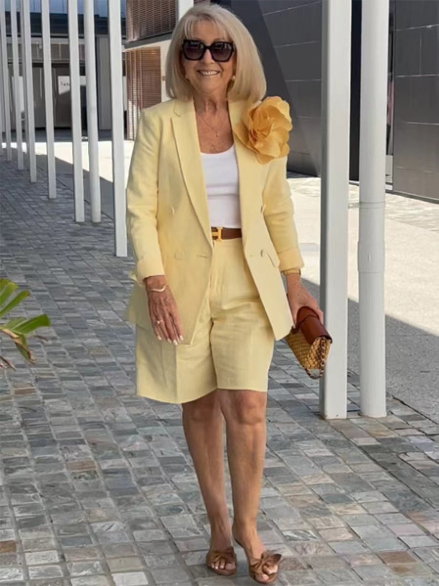 Women's Fashionable Double-Breasted Blazer and Shorts Set