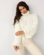 Women's Chunky Knit Sweater with High Collar and Ribbed Texture