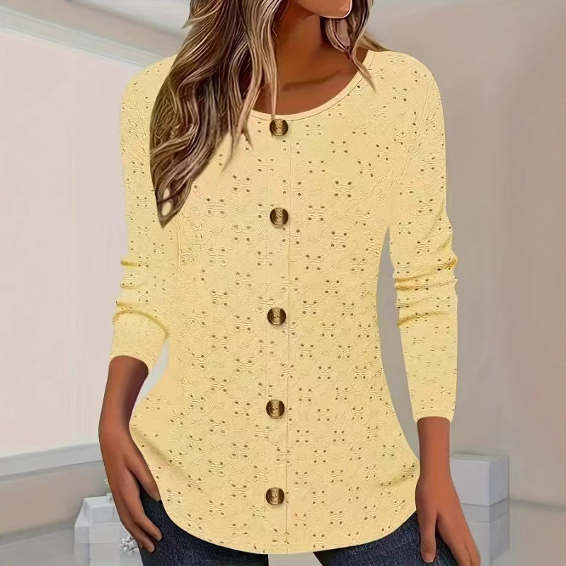 Women's Long-Sleeve Blouse with Decorative Buttons and Delicate Eyelet Pattern