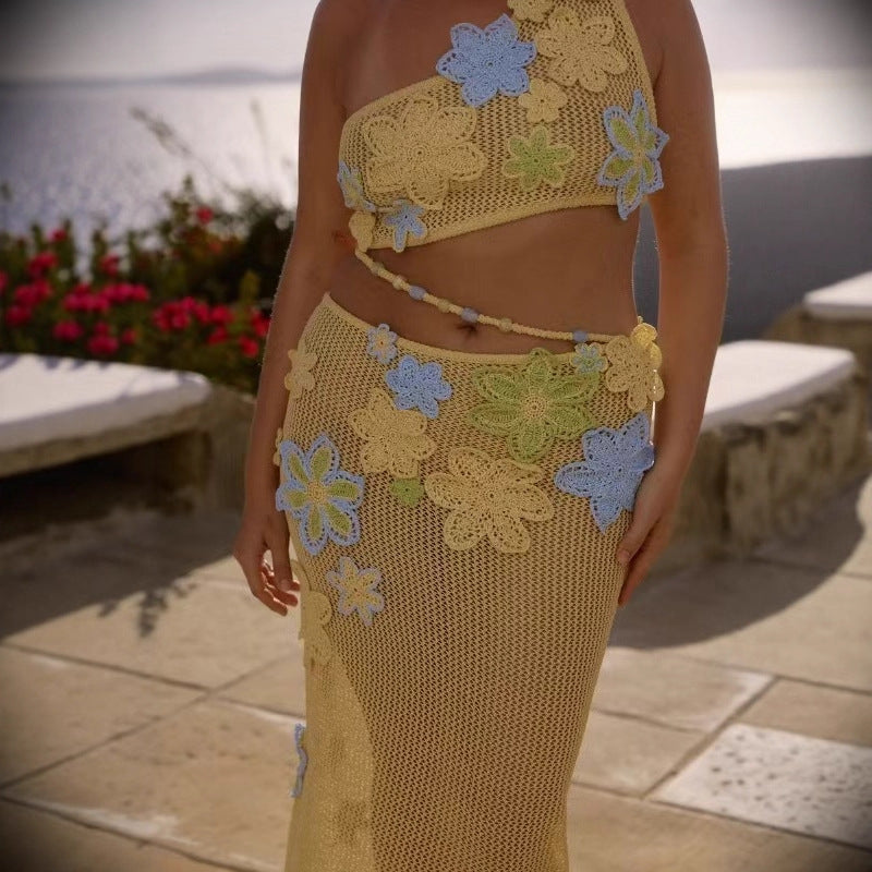 Women's Crochet Skirt with Floral Appliqués and Asymmetric Cut