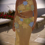Women's Crochet Skirt with Floral Appliqués and Asymmetric Cut