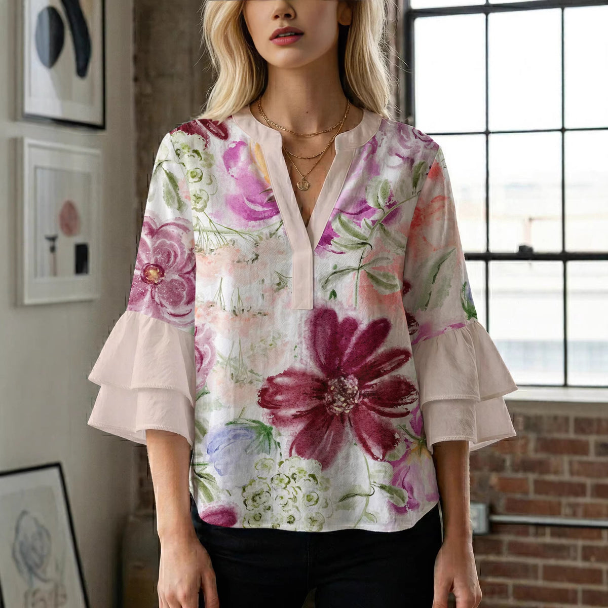 Women's Blouse with Voluminous Sleeves and Floral Design