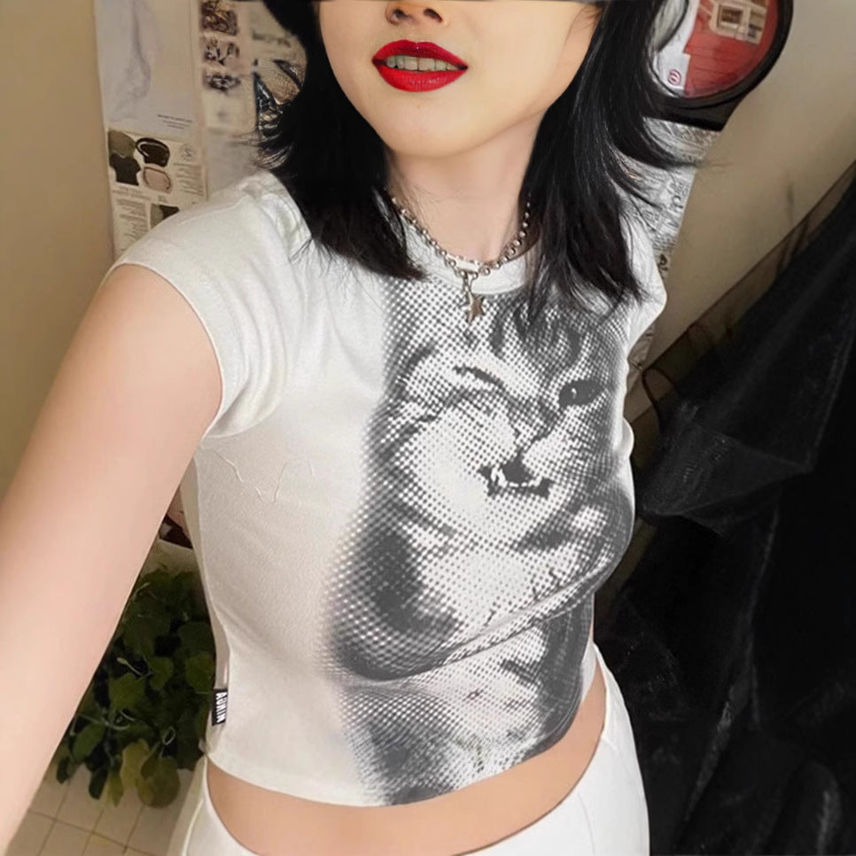 Women's Crop T-Shirt with Creative Cat Motif