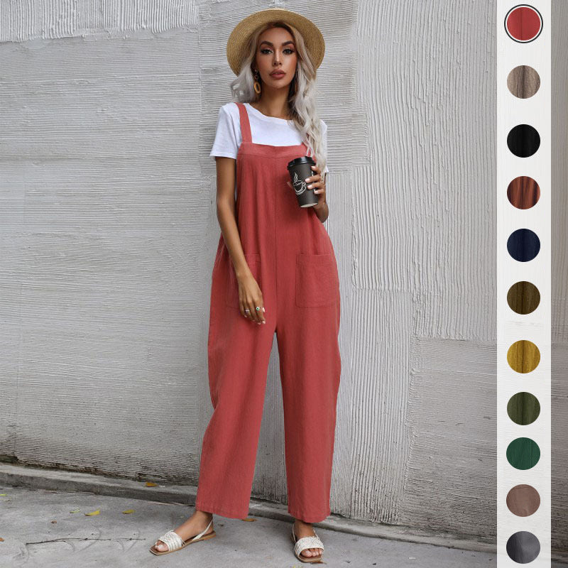 Women's Casual Jumpsuit with Pockets and Adjustable Straps