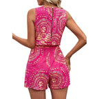 Women's Romper with Creative Print and Elastic Waistband