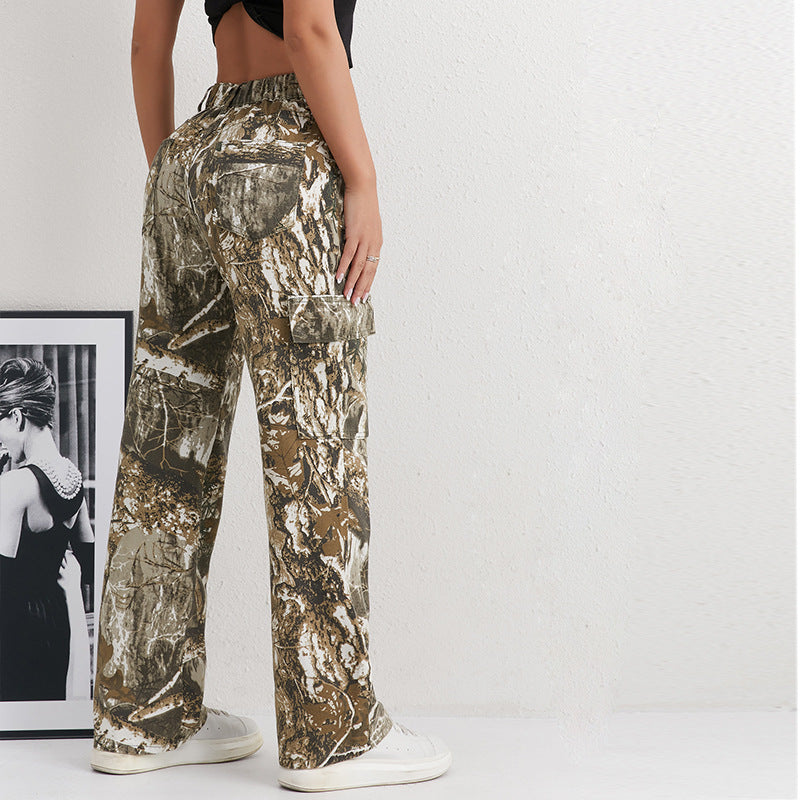 Women's Camouflage Cargo Pants with Side Pockets and Elastic Waistband