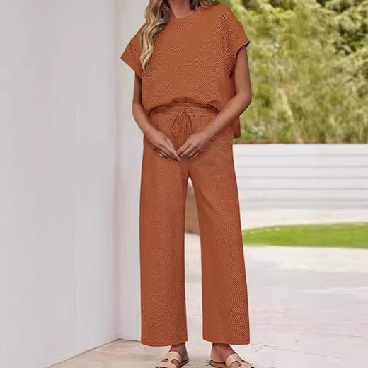 Casual Two-Piece Set with High-Waisted Pants and Top
