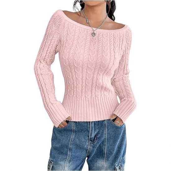 Women's Chunky Knit Sweater with Open Shoulder and Cable Knit Pattern