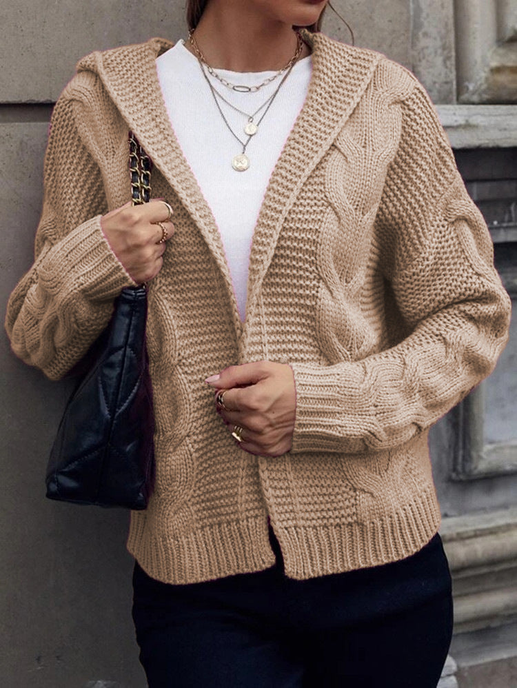 Women's Chunky Knit Cardigan with Hood and Cable Knit Pattern