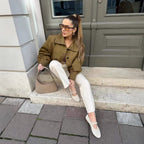 Women's Cropped Jacket with Decorative Buttons and Pleats