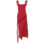 Women's Asymmetrical Maxi Dress with Ruffles and High Slit