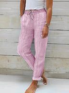 Women's Relaxed Cotton Striped Trousers with Adjustable Waist