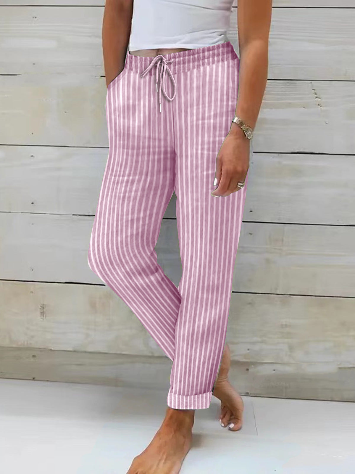 Women's Relaxed Cotton Striped Trousers with Adjustable Waist