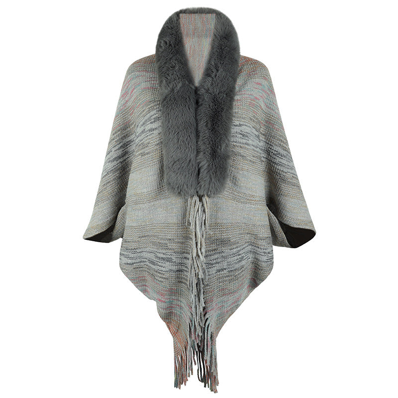 Elegant Women's Poncho with Faux Fur Collar and Fringed Hem