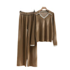 Women's Cozy Knit Loungewear Set with Contrasting Collar and Wide Leg