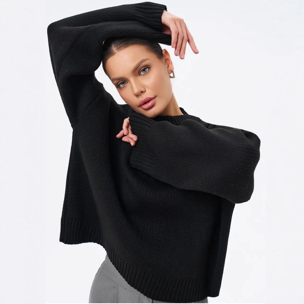 Women's Cozy Cropped Sweater with Relaxed Balloon Sleeves and Ribbed Texture