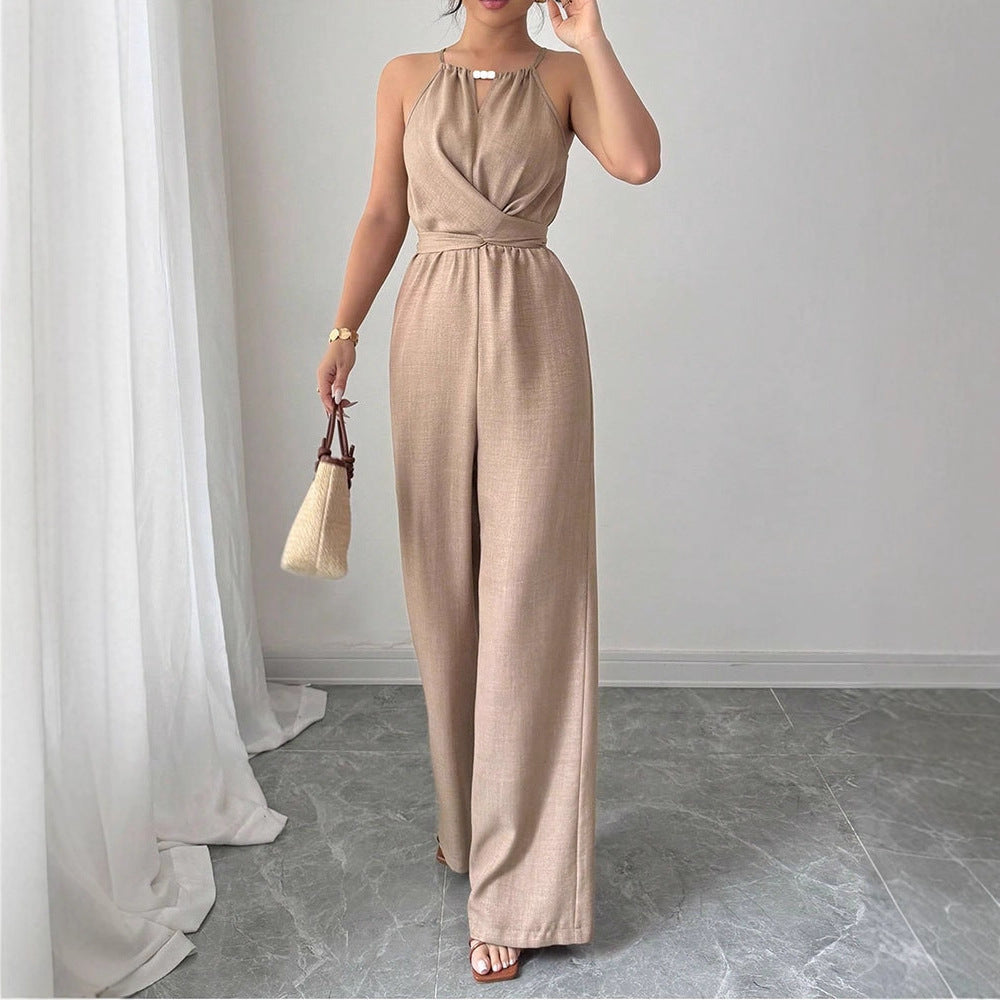 Women's Floor-Length Wrap Jumpsuit with Waist Seam