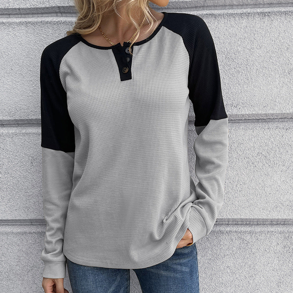 Women's Casual Waffle-Knit Henley Shirt with Contrast Sleeves