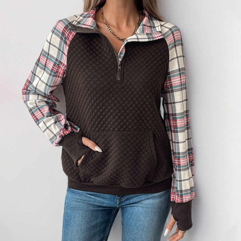 Women's 1/4 Sleeve Sweatshirt with Plaid Details