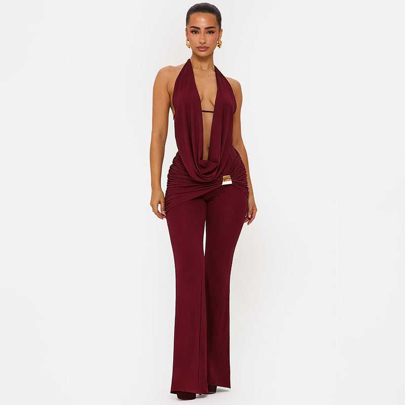 Elegant Women's Jumpsuit with Double Collar and Trendy Ruching